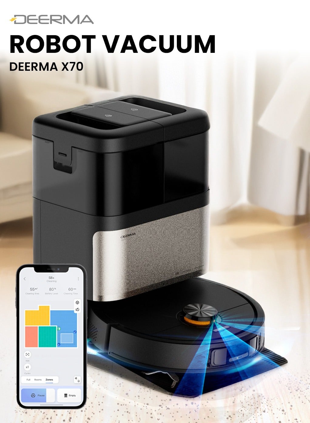 Compare Self CleaningRobot Vacuum Cleaner with 13000 Pa Suction, Dual AntiTangle Brush, and 75℃ Hot Air Drying X70 Black 45 W DEMX70 black at KSA Price