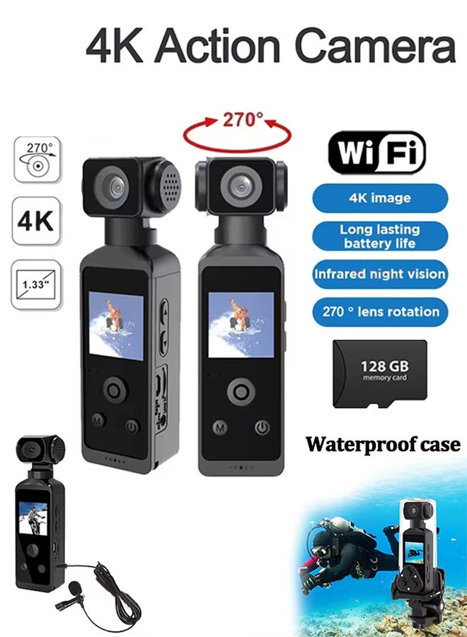 Compare 4K HD Camera, 270° Rotatable Large Wide Angle, Included 128G Card, 30m98ft Underwater Camera with & Mic for Outdoor Riding Diving Shooting Vlog , 1000mAh Rechargeable at KSA Price