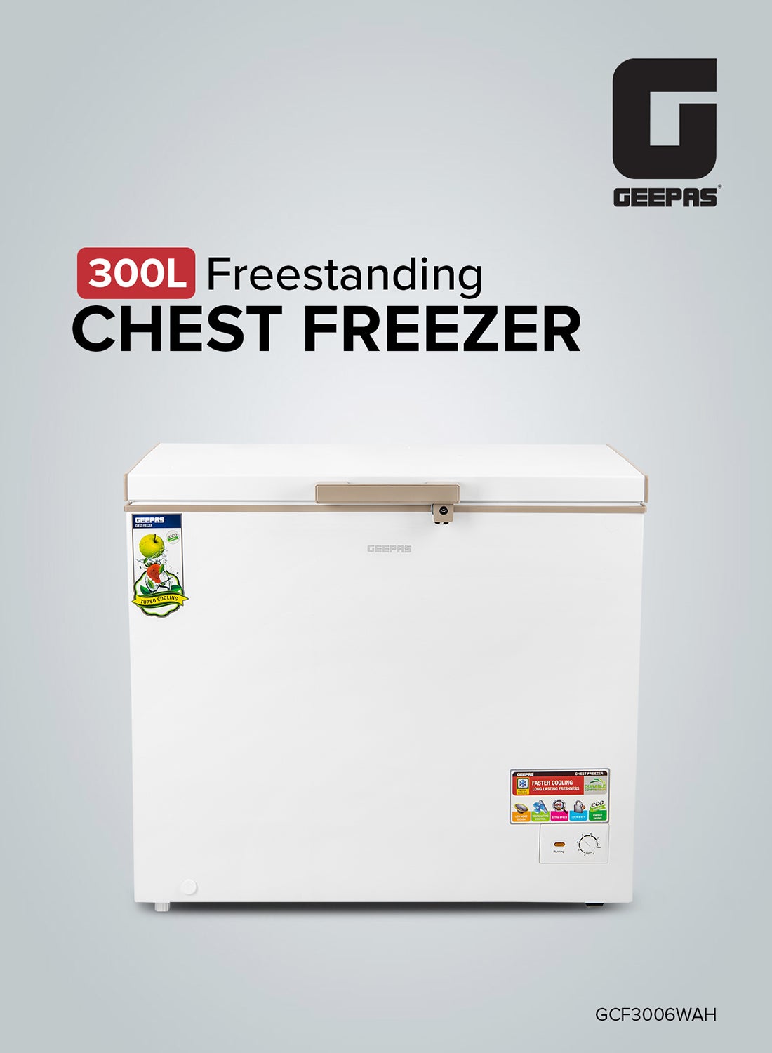 Compare 300L Gross260L Net Capacity Freestanding Chest Freezer With Compressor Swith Off Function, LED Light, Lock & Key, HighEfficiency Monolithic Foaming, 2 Food Basket, Adjustable Thermostat 300 L 155 W GCF3006WAH White at KSA Price