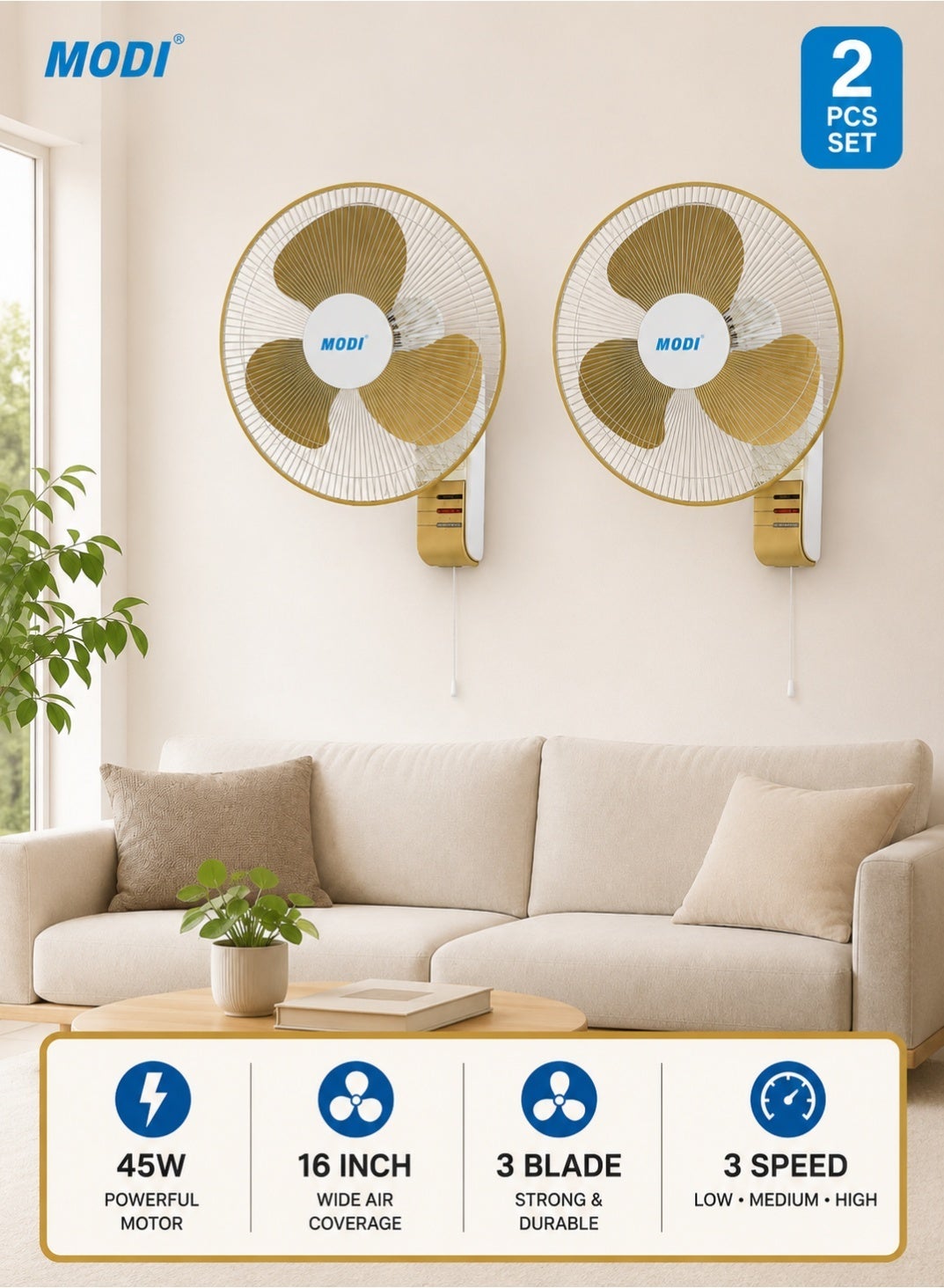 Compare 2 Piece 16 Inch Wall Fan 45W, 3 Speed Oscillating Wall Mounted Fan, 3 Blade Low Noise Air Circulation Cooling Fan for Home Office Living Room Shop, White at KSA Price