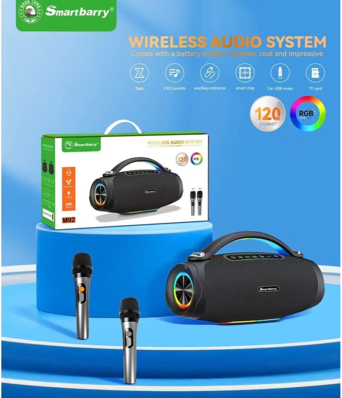 Compare Smartberry M92 Wireless Karaoke Speaker – Dual Microphones, RGB LED Lights, Portable Bluetooth Speaker for Home & Outdoor Parties at KSA Price