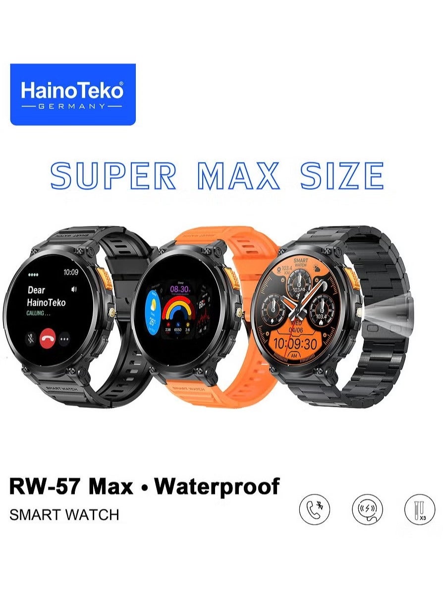 Compare RW57 Max Waterproof Smartwatch with Large Screen AMOLED Display, Builtin Flash Light, 3 Pair Interchangeable Straps, and Charging Cable – Designed for Men, Fitness Tracker & Health Monitor. at KSA Price