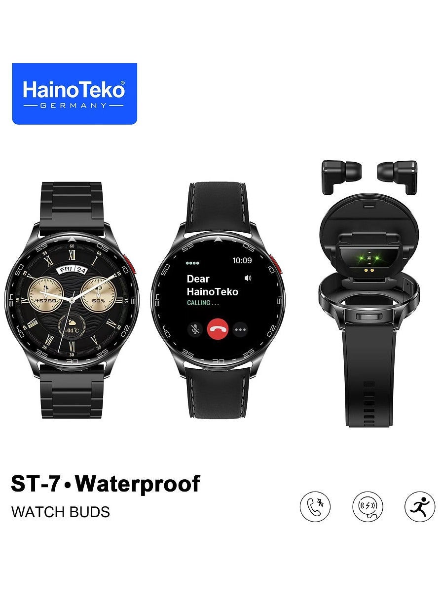 Compare HainoTeko ST7 Waterproof Smart Watch with Integrated Earbuds Large Screen AMOLED Display 3 Pair Straps and Charging Cable Black at KSA Price
