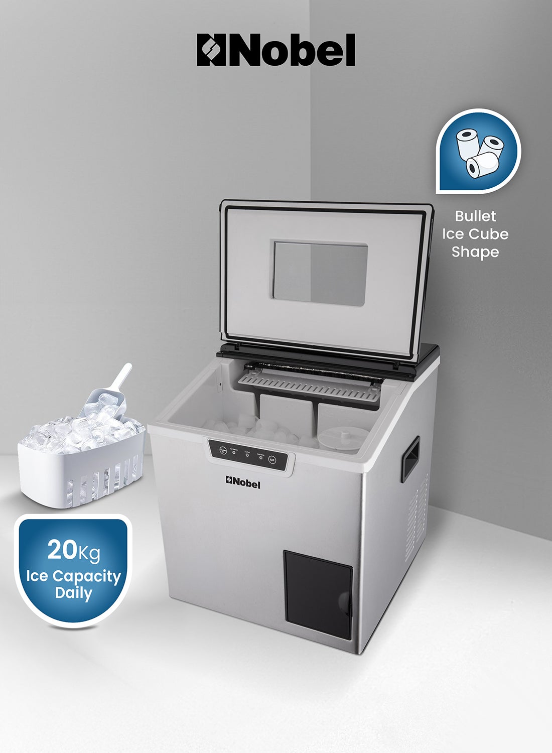 Compare 30L Ice Maker Machine, 20Kg24H Production, 18Kg Ice Bin, Bullet Shaped & Shaved Ice, LED Indicators, Water Refill & Full Basket Alarm – NIM30 1 Year Warranty 400 W NIM30 Silver at KSA Price