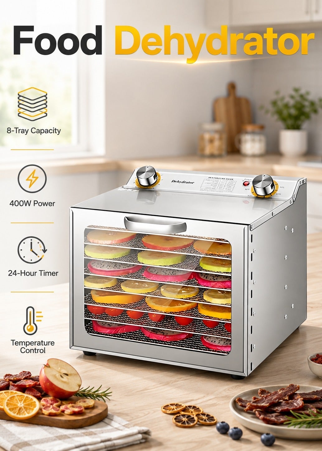 Food Dehydrator Machine with 8 Stainless Steel Trays,…