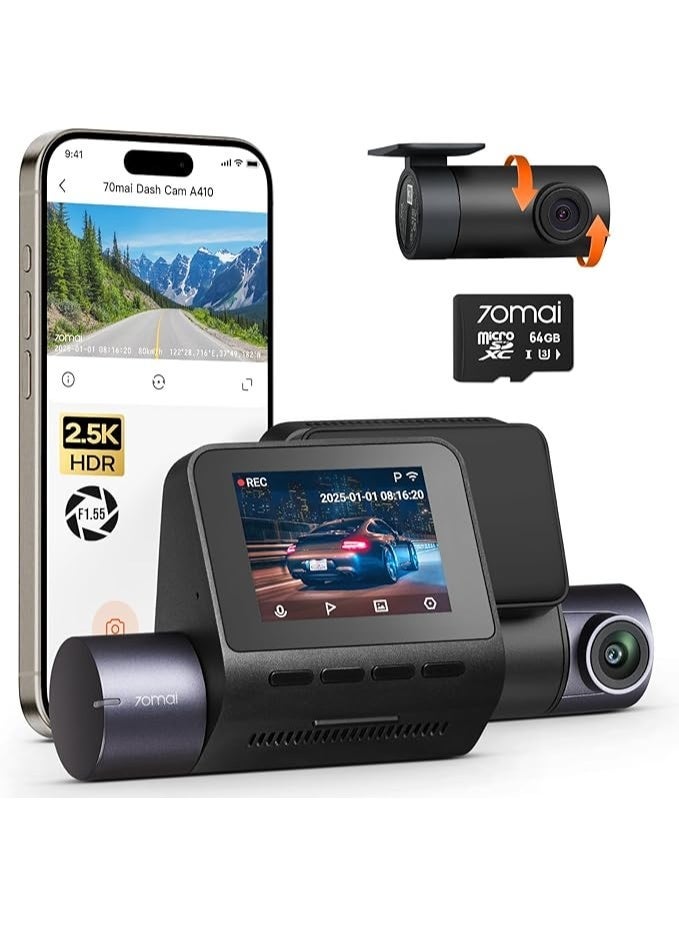 Compare Dash Cam A410 2.5K HDR Dual with GPS, Emergency Record, GSensor, App Control and Compact Design at KSA Price