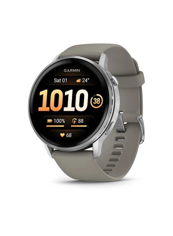 Compare Venu 4 – 45 mm  Silver bezel with silver gray silicone band , Upto 12 Days of Battery Life and Bright, Colorful 1.4 Inch Amoled Display , Lightweight 45MM Case with a Metal Design , iOS and Android compatible Grey at KSA Price
