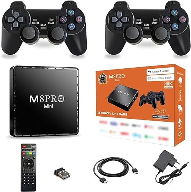 Compare M8 Pro Mini Game TV Box – 4K HD Retro Gaming Console with 10,000 Classic Games, Android 12, WiFi, H313 Chip, DualSystem Media Player, Joysticks, Google Assistant & Chromecast at KSA Price