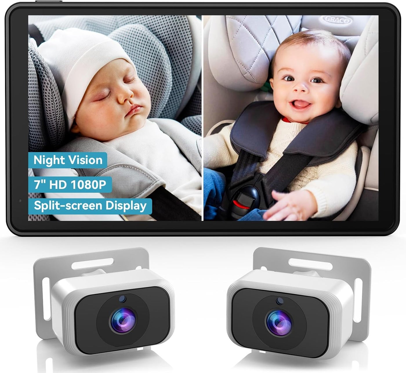 Compare Baby Car Camera for 2Kids 7 Inch IPS Display with Dual Carseat Cameras Split Screen Night Vision HD 1080P  USB Powered Easy Install Rear Facing Backseat Camera for Twins at KSA Price