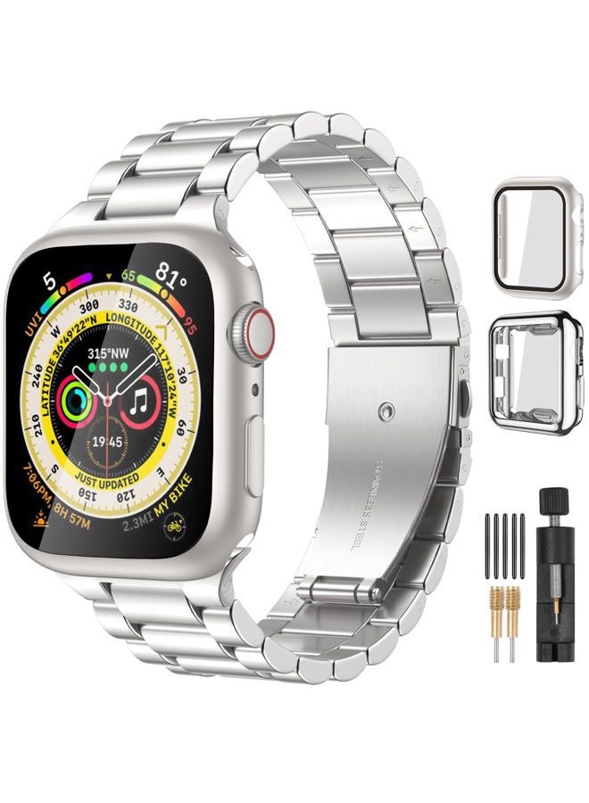 Compare Compatible for Apple Watch Band 38mm 41mm 40mm 44mm 42mm 45mm,Stainless Steel Metal Bands for Apple with 2 Pack Protective Cases for iWatch Series 9 8 7 6 5 4 31 SE SE2 Ultra Ultra2 Men Women at KSA Price