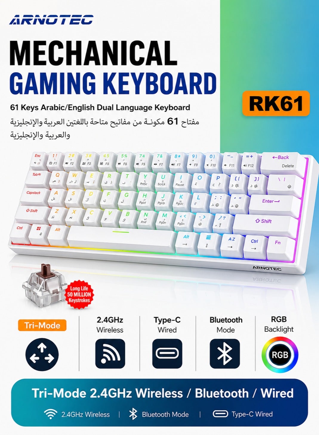 RK61 Tri-Mode 2.4Ghz Wireless/Bluetooth/Wired Mechanical…
