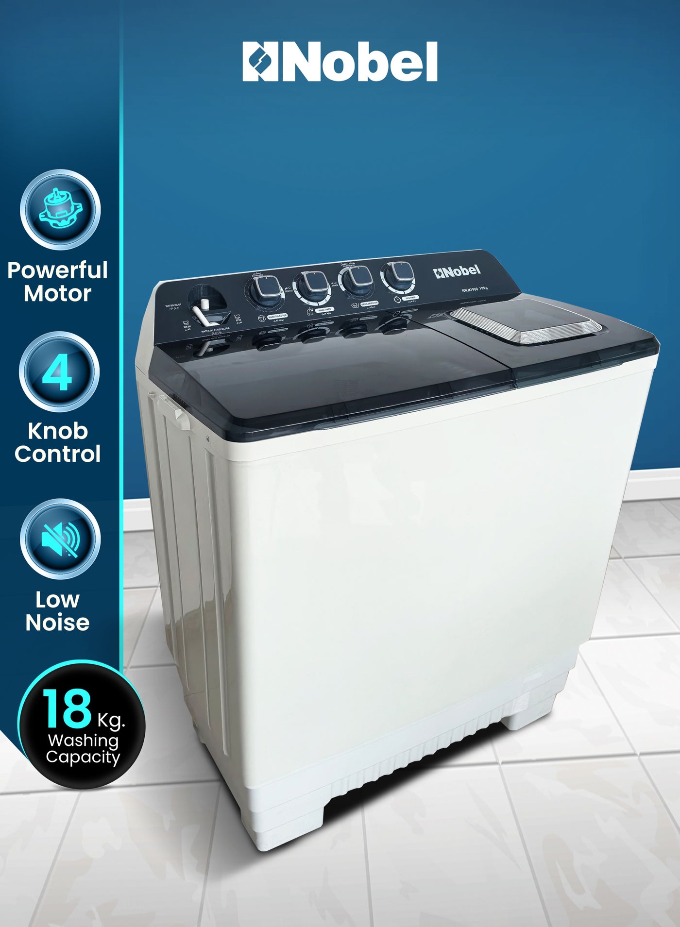 Compare Nobel 18kg Wash  8kg Spin Capacity SemiAutomatic Twin Tub Washing Machine | With IPX4 Rating, EnergyEfficient 830W Power, Durable Design & Timed Wash Cycles – NWM1900 White 18 L 830 W NWM1900 White at KSA Price