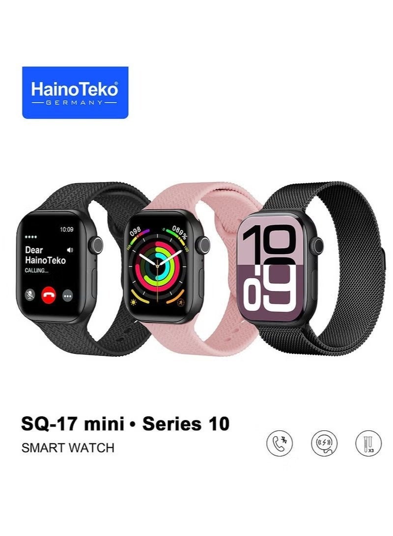 Compare SQ17 Mini Smart Watch with AMOLED Display, 3 Interchangeable Straps, Fitness Tracking, Heart Rate Monitor, Sleep Tracking, Bluetooth Connectivity, Long Battery Life, Stylish Design for Ladies Black at KSA Price
