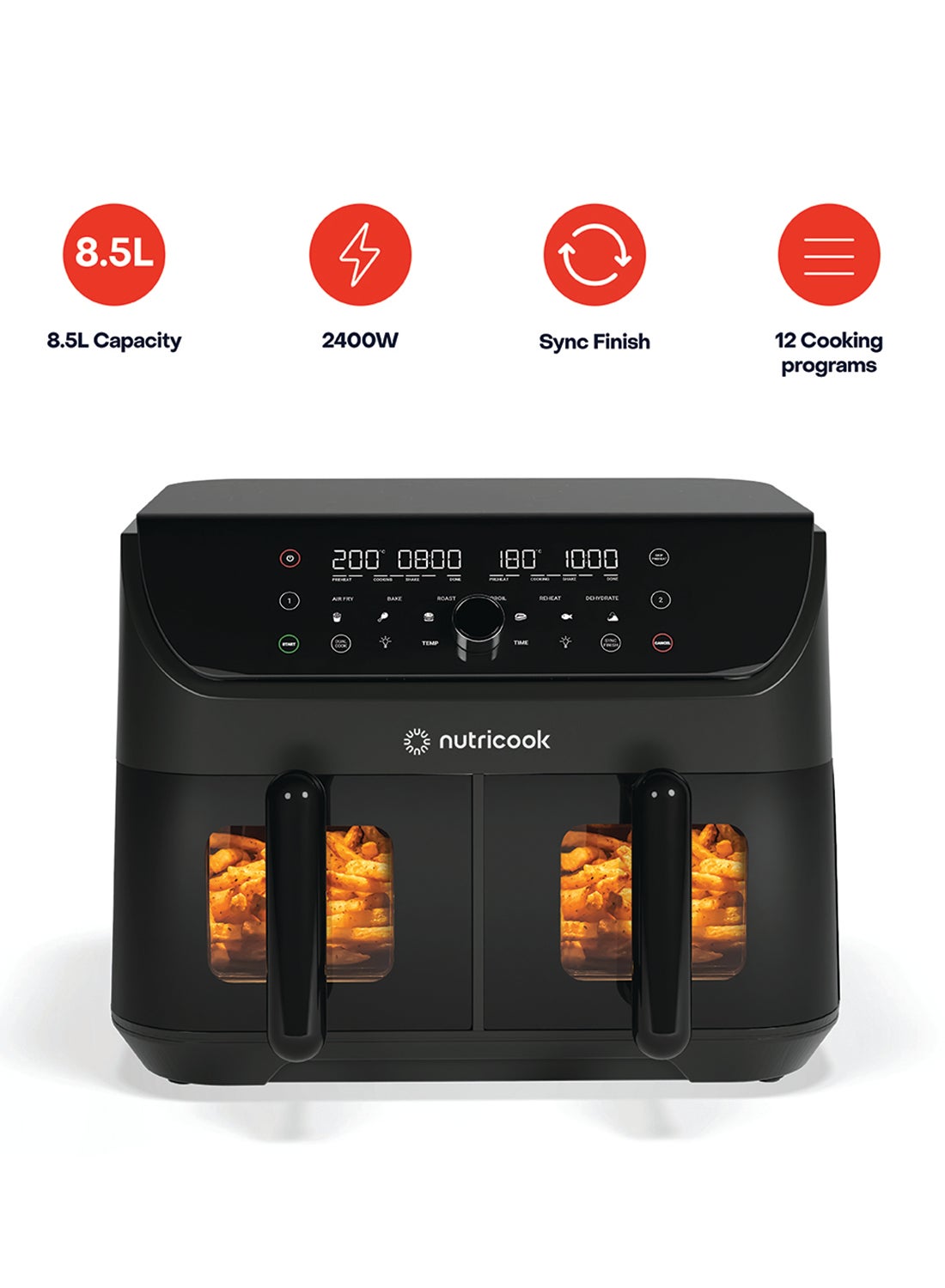 Compare Digital Air Fryer Duo Vision,8.5L Capacity with Clear Window & Internal Light, Independently Controlled Dual Baskets,6 Presets, Air Fry, Bake, Roast,Broil,Reheat&Dehydrate, 2 Years Warranty 8.5 L 2400 W NCAFD185V Black at KSA Price
