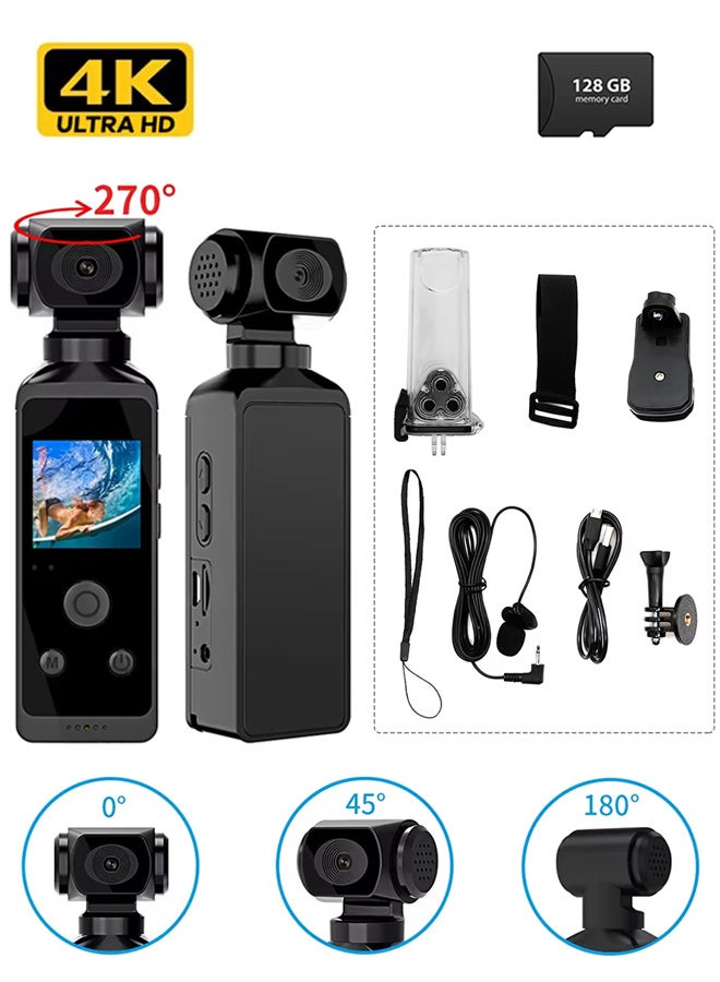 Compare 4K HD Camera, 270° Rotatable Large Wide Angle, Included 128G Card, 30m98ft Underwater Camera with & Mic for Outdoor Riding Diving Shooting Vlog , 1000mAh Rechargeable at KSA Price