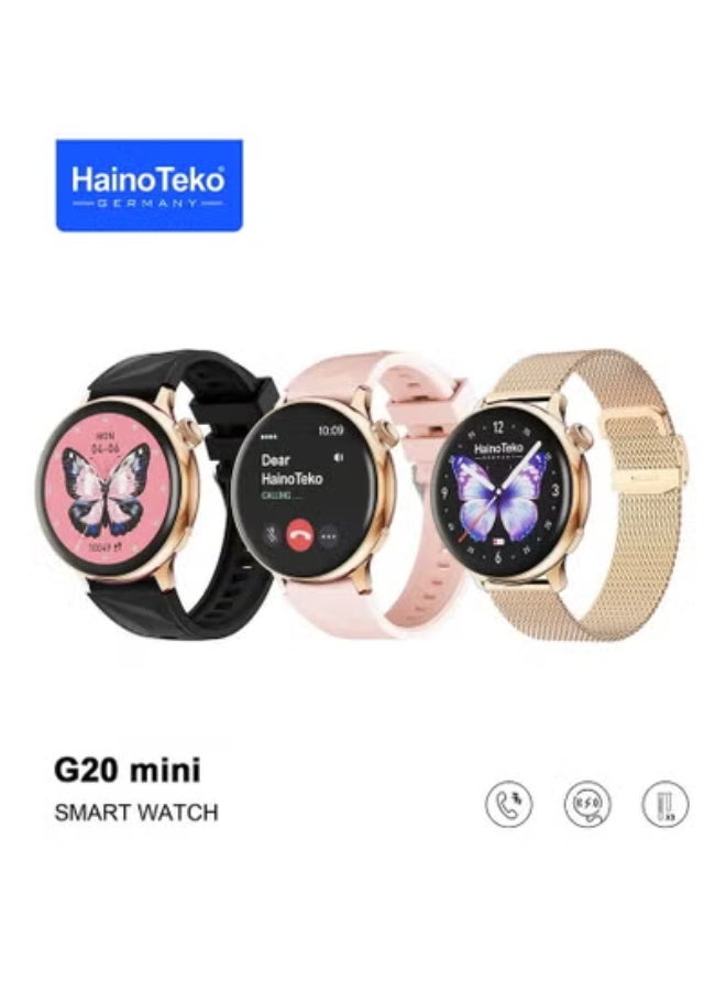 Compare G20 Mini Smart Watch for Women with BT Calling, Vibrant AMOLED Display, Health & Fitness Tracking, Heart Rate & Sleep Monitor, 3 Interchangeable Straps, Long Battery Backup, Lightweight Gold Design, Message Notifications, Daily Acti at KSA Price