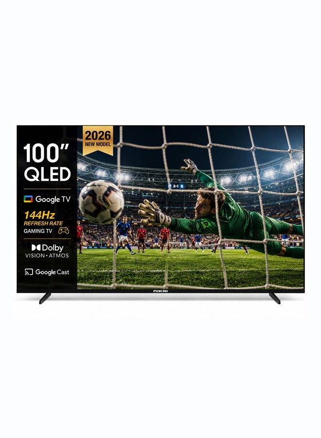 Compare 100inch QLED 4K Google TV | 144Hz Gaming Series Motion, Dolby Vision & Atmos, HDR10+, Bluetooth, Smart LED TV, Netflix, Prime Video, Disney, YouTube, Google Play Store Best for Gaming Experience | 100NIKQLED 100NIKGOOGLE144 Black at KSA Price