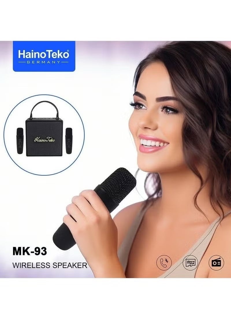 Compare MK93 Splash Proof Portable Bluetooth Wireless Speaker with 2 Wireless Microphones | Powerful Sound, Long Battery Life | Ideal for Karaoke, Parties, Outdoor Events & More | Black at KSA Price
