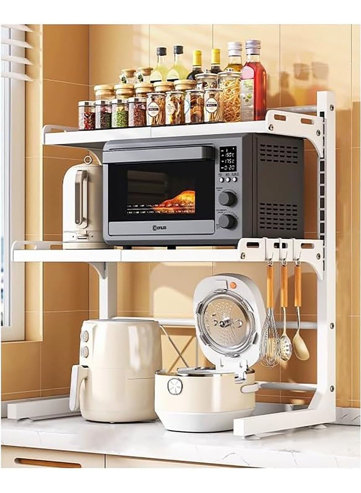 Compare Expandable And Height Adjustable Metal Microwave Oven Rack, Microwave Stand, Pots Pans Organizer with 6 Hooks, Chopping Board Holder, Knife Holder, Chopstick Holder Adjustable Expandable for Kitchen Storage White, 3 Tier at KSA Price