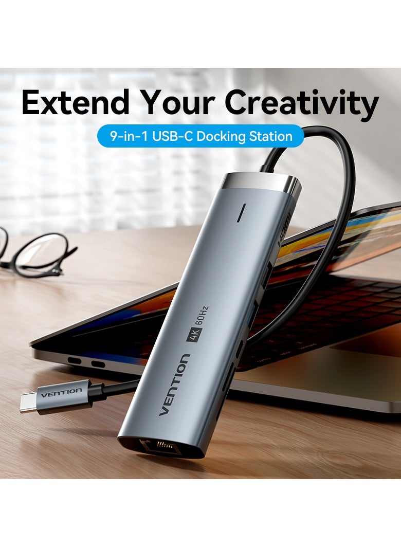 Compare Vention 9in1 USBC Docking Station 0.15M Grey, 4K@60Hz HDMI,100W PD, 5Gbps USB, Gigabit Ethernet, SDTF Card Reader, 3.5mm Audio, OTG Support, Aluminum Alloy for MacBook ProAir, Dell, HP, Lenovo at KSA Price
