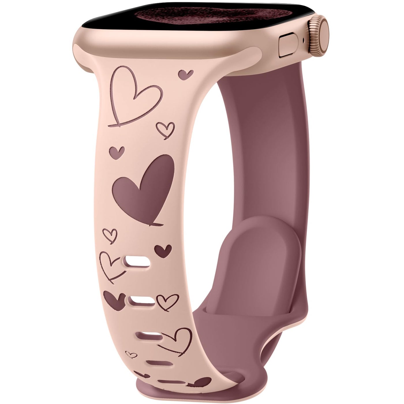 Compare Lerobo Thin Heart Engraved Compatible with Apple Watch Band 40mm 41mm 38mm Women, Slim Cute TwoTone Soft Sport Strap for iWatch Bands Series 10 42mm 9 8 7 6 5 4 3 2 1 Ultra,Pink SandSmoke Violet at KSA Price