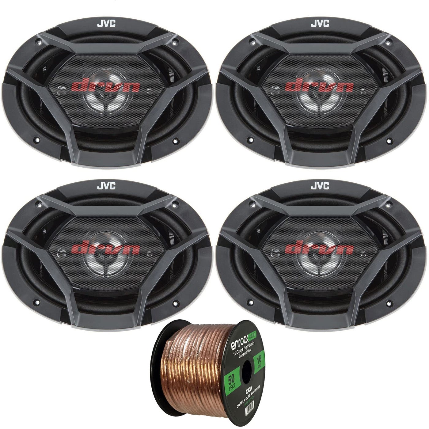 Compare 4x JVC drvn DR Series 6x9 550Watt Max Power Car Audio 4Way Coaxial Vehicle Automotive Speakers Bundle Combo with 50 Ft 16 Gauge Audio Speaker Wiring at KSA Price