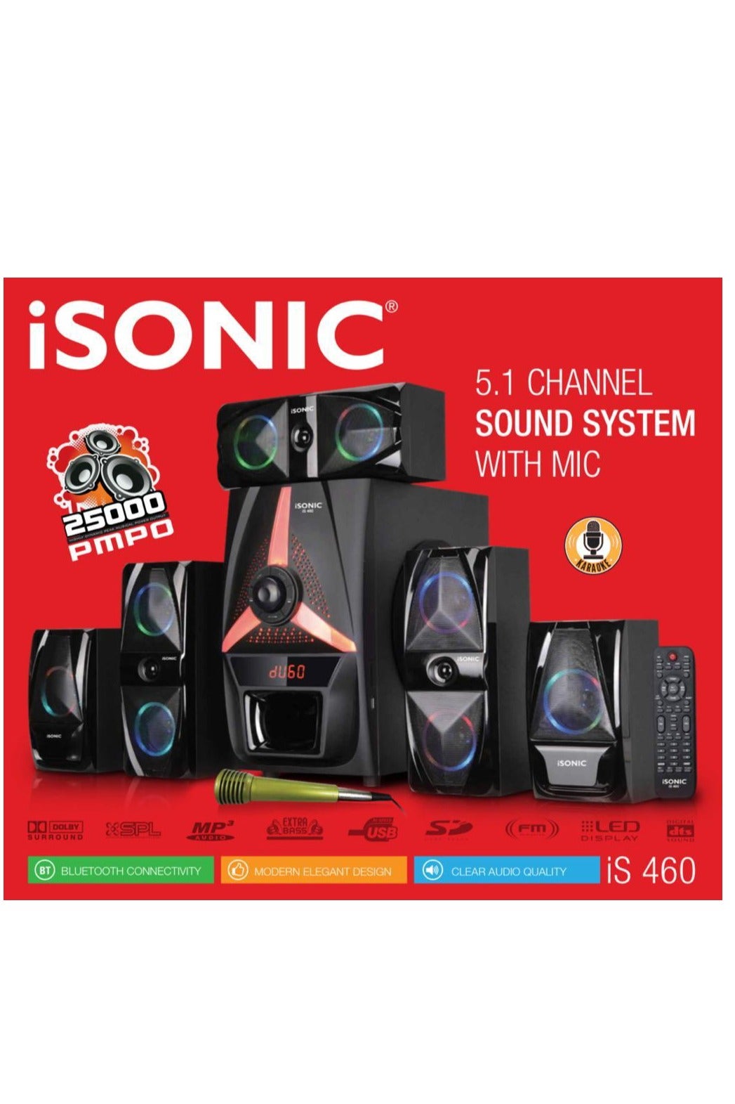 Compare iSonic IS 460 5.1 Channel Home Theater System – 25000 PMPO, Bluetooth, USB, LED Display at KSA Price