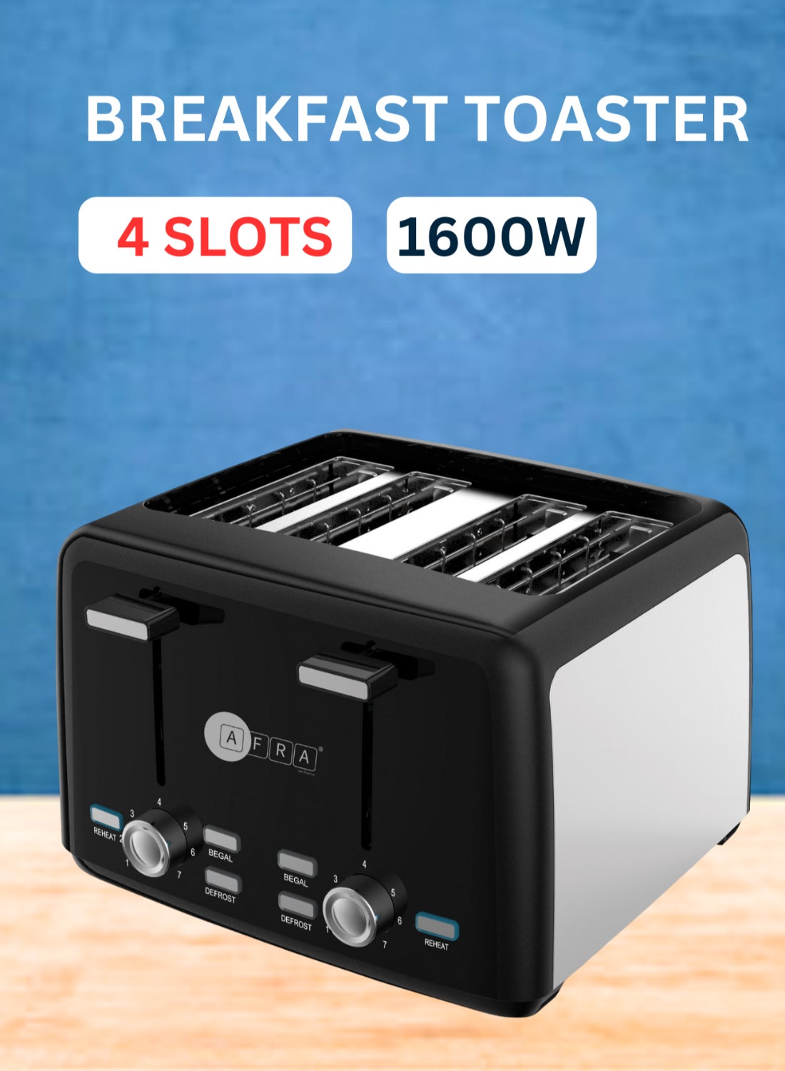 Compare 4Slice Toaster | 1600W | Matte Body | 7Setting Browning Control | Cancel, Defrost, Reheat Functions | 2Year Warranty 4 Slices 1600 W AF24700TOBL Black at KSA Price