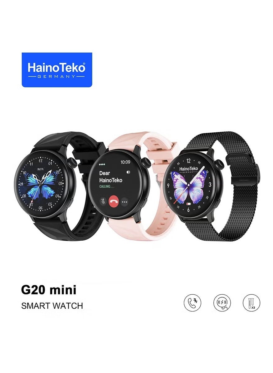 Compare G20 Mini Smart Watch for Women in Black with BT Call Function, Vibrant AMOLED Display, 3 Interchangeable Straps, Fitness & Health Tracking, Sleep Monitoring, Long Battery Life, Smart Notifications, Lightweight Stylish Design for  at KSA Price