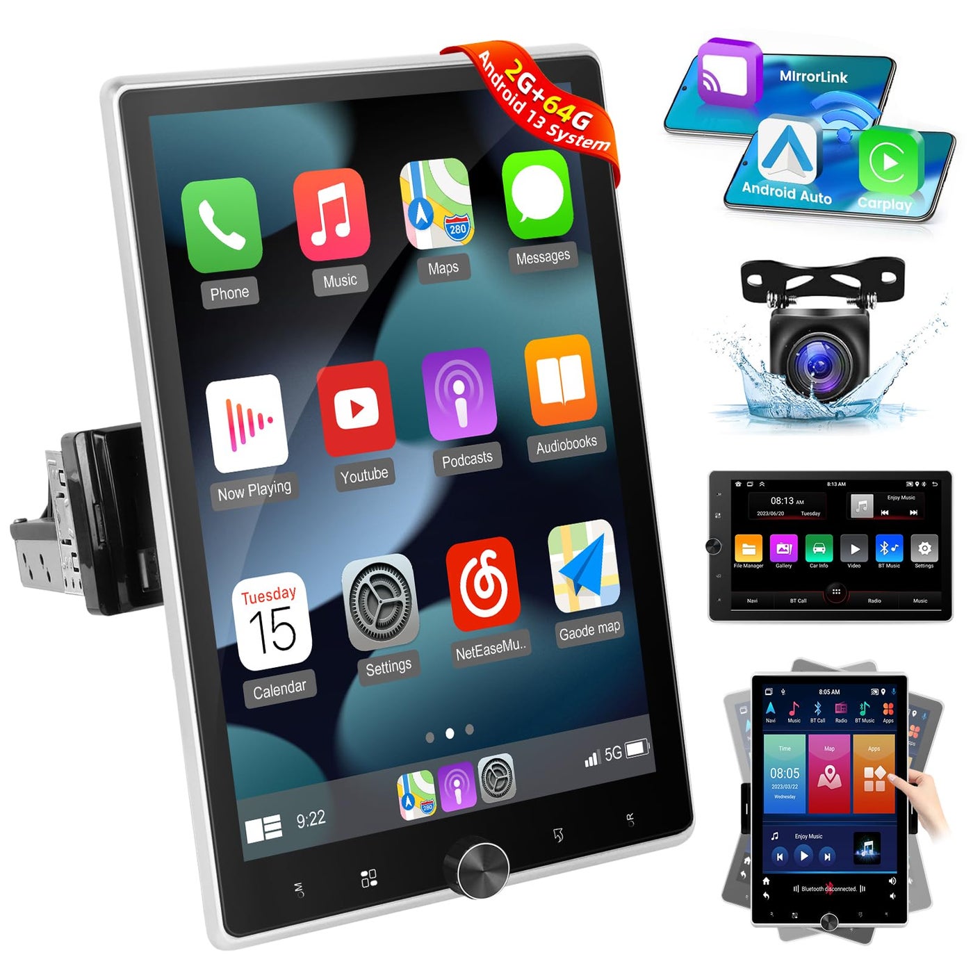 2G64G Android 13 Single Din Vertical Car…