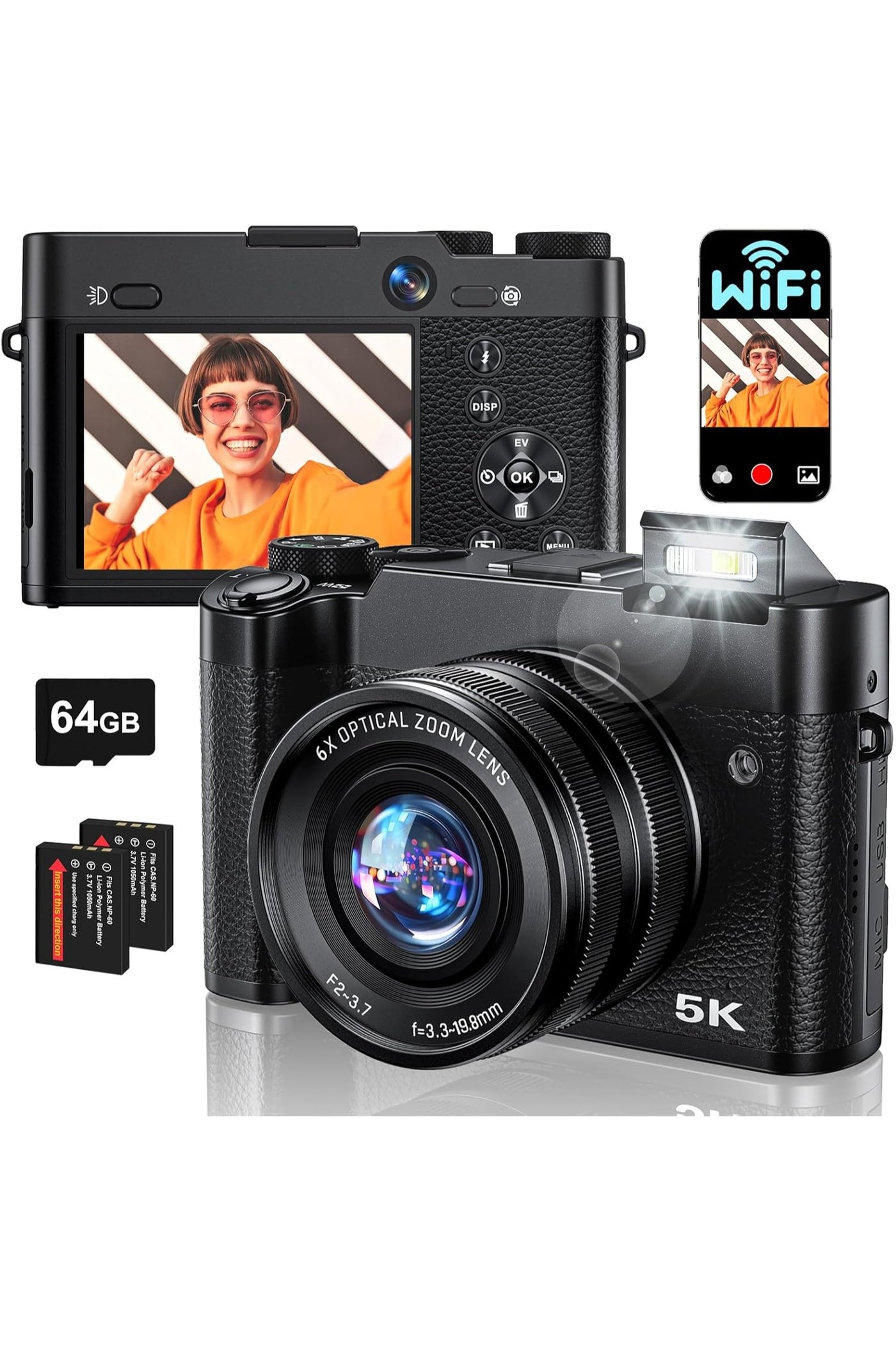 5K 64MP Digital Camera 6X Optical Zoom, WiFi…