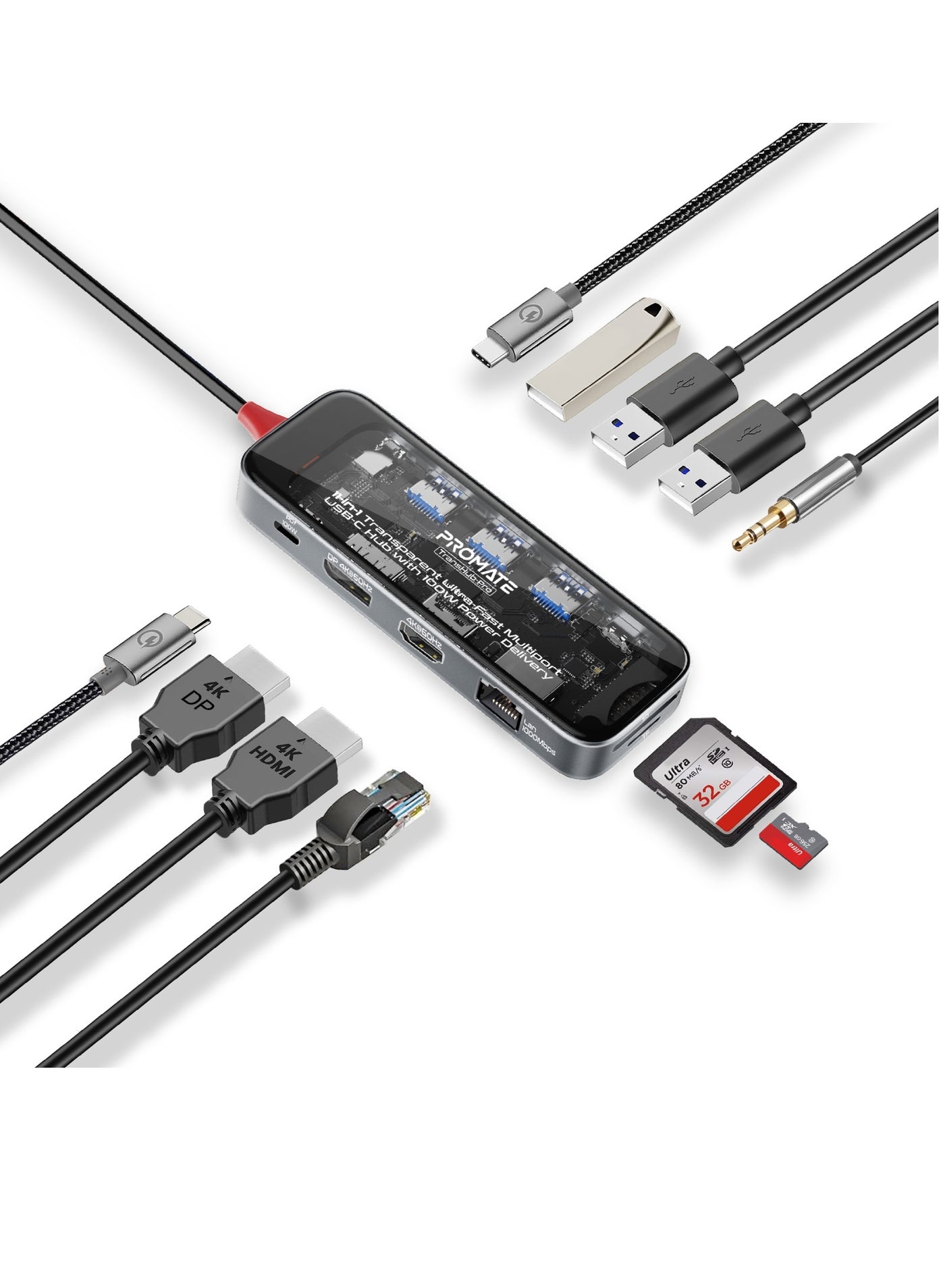 Compare Promate USBC™ Hub, 11in1 MultiDisplay Hub with Dual 4K HDMI, 4K DisplayPorts, UltraFast 1000Mbps LAN, AUX, SDTF Card Slot, USB Ports, Efficient 100W USBC™ Power Delivery, TransHubPro Black at KSA Price