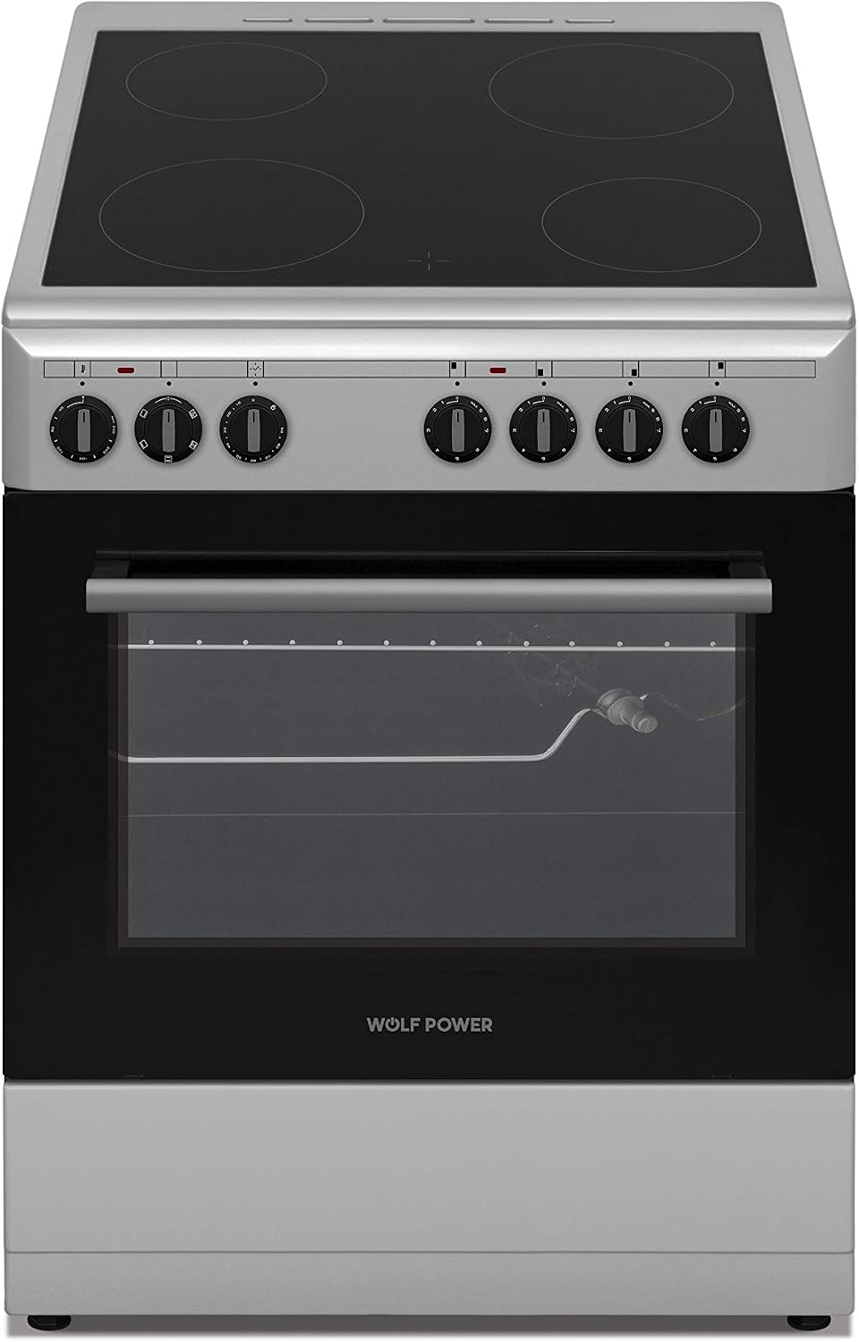 Compare Wolf Power Freestanding 60X60 cm Ceramic Cooker, 4 Cooking Zones, 65 Liters Electric Oven, WCR6060CERMF WCR6060CERMF SilverBlack at KSA Price