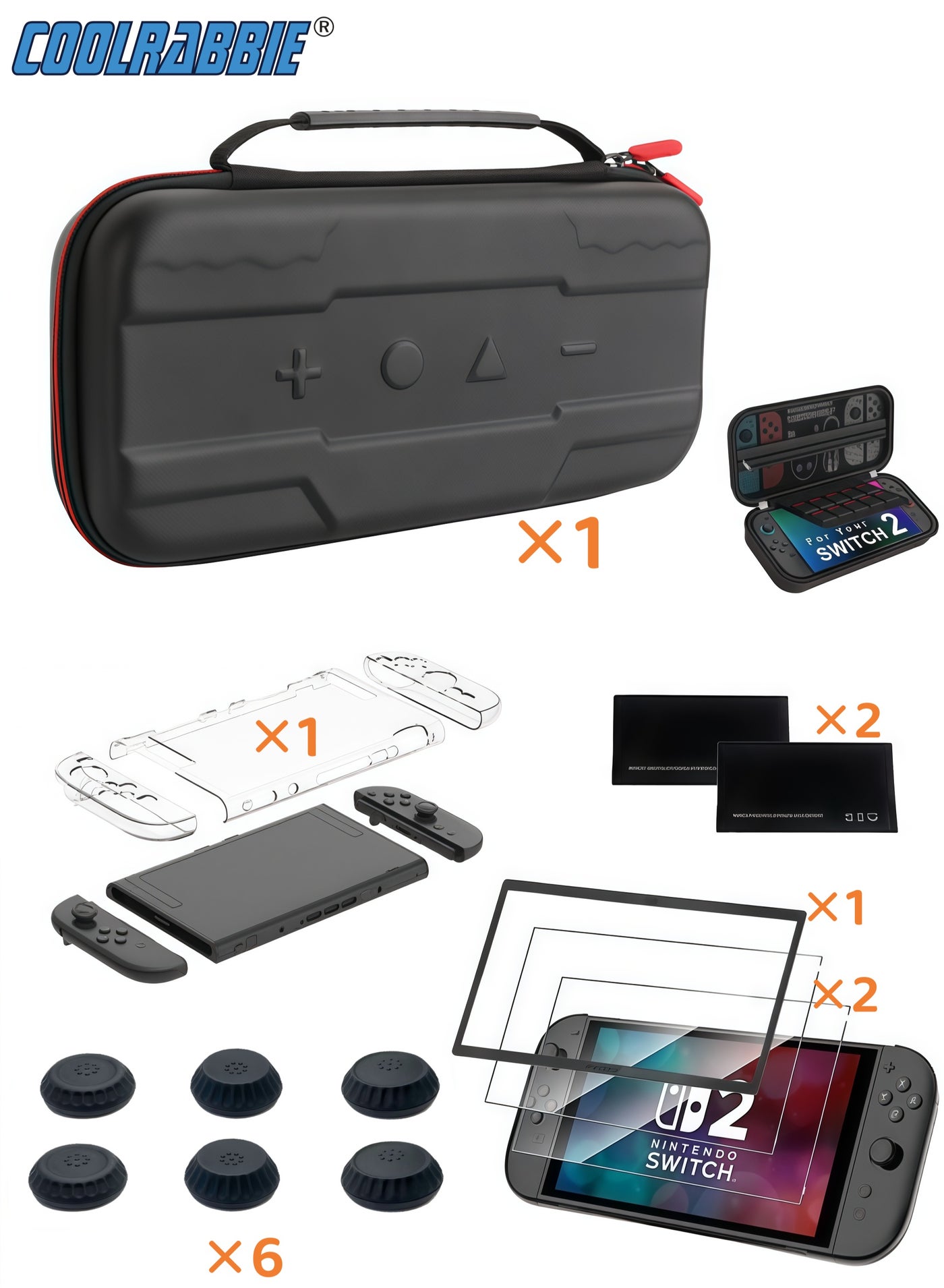 Compare Switch 2 Accessories Bundle for Nintendo,13 in 1 Game Kit: Portable EVA Bag With Switch 2 Crystal Cover Kit, 2 HD Tempered Glass Screen Protectors,6 Thumb Grips, Hard Shell Carrying Case for Nintendo Switch 2 at KSA Price