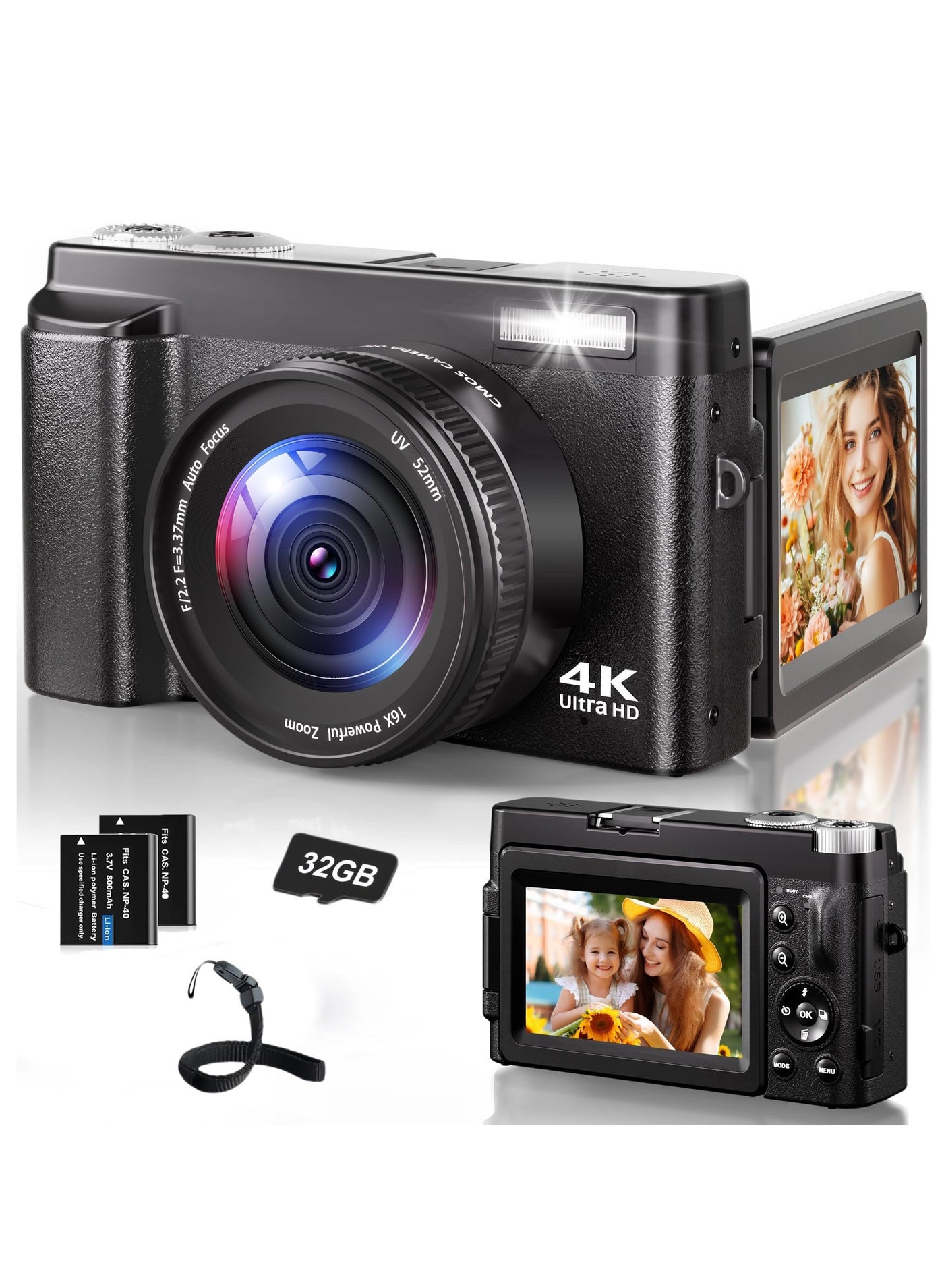 Compare 4K Digital Camera for Photography, 48MP Autofocus Vlogging Camera for YouTube with 3inch 180°Flip Screen, 16X Digital Zoom AntiShake Black at KSA Price