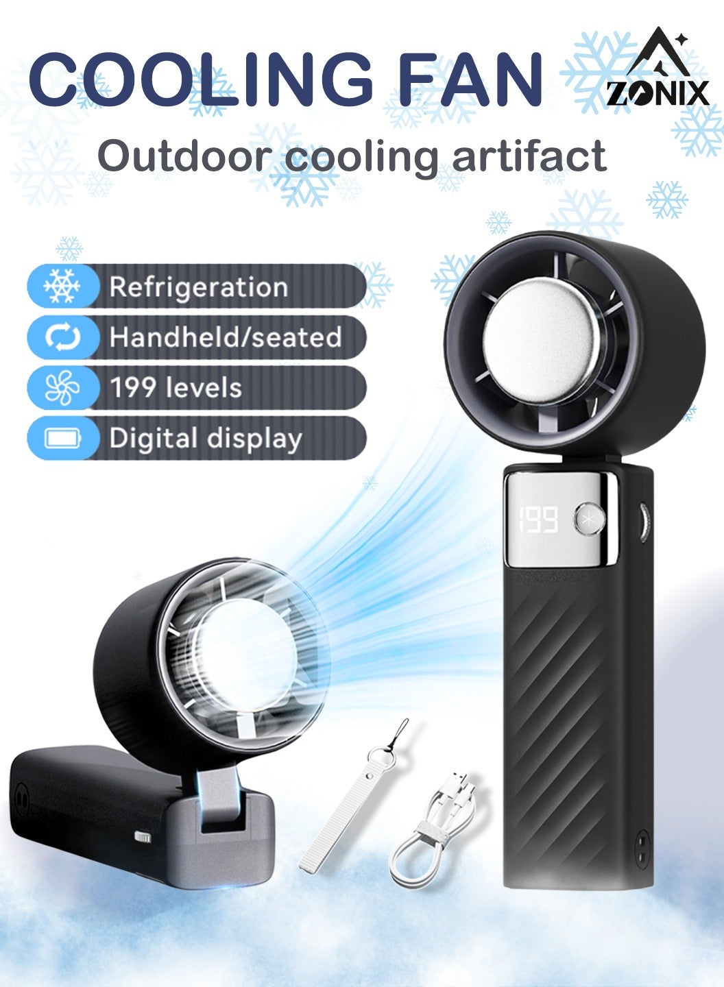 Compare Portable Handheld Fan with 199Speed Adjustable  ICE Ceramic Cooling, 4000mAh Battery, Digital Display, 3in1 Foldable Turbo Fan for TravelCampingOffice Black at KSA Price