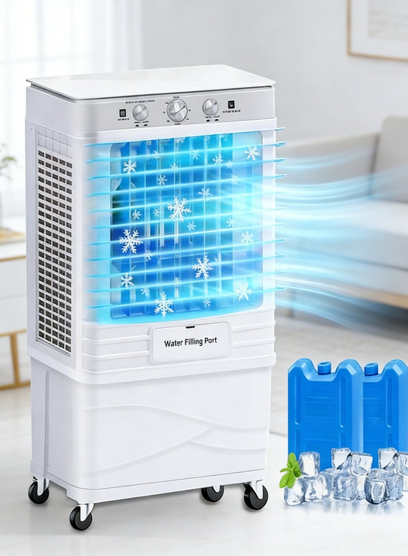 Compare Evaporative Cooling Air Fan with Dual Ice Boxes, 3Speed Wind 45L Water Tank Swamp Cooler, 120° Oscillation, Indoor & Outdoor Use, Knob Control, Prevents Dryness at KSA Price