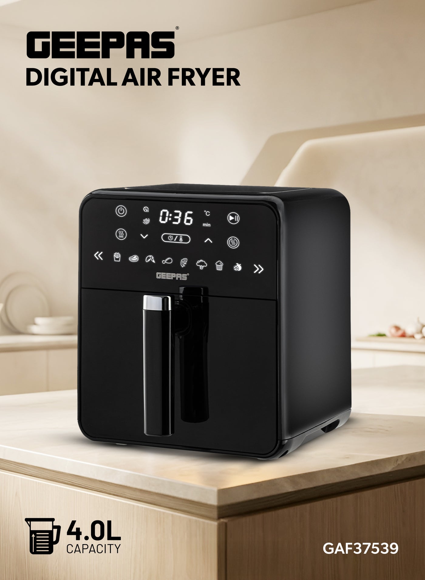 Compare 4 L Digital Air Fryer 1300W | Rapid Air Technology, 8 Preset Cooking Modes | NonStick Detachable Basket, Adjustable Temperature Control  GAF37539 Black 4 L 1300 W GAF37539 black at KSA Price