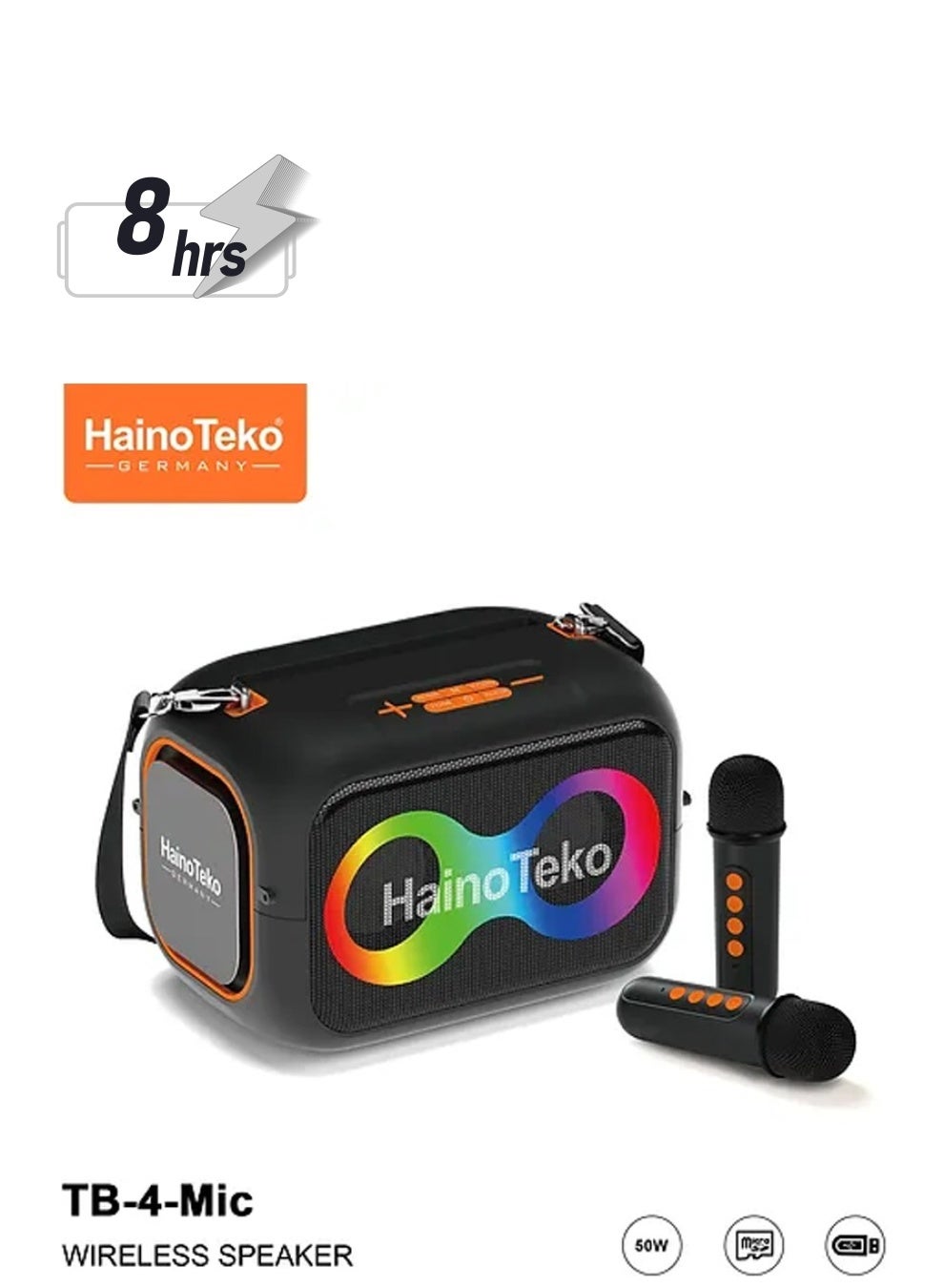 Compare HainoTeko TB4 Portable Wireless Bluetooth Speaker with 2 Wireless Mic RGB Lighting 50W Output Power Multi Functional Button Control Black at KSA Price