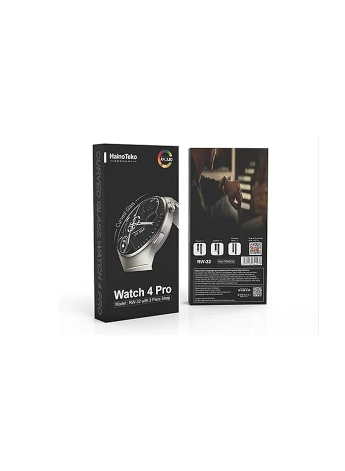 Compare RW32 Smartwatch – AMOLED Curved Glass Display, 3 Straps Silicone + Stainless Steel, Bluetooth Connectivity, Fitness Tracker, Heart Rate & Sports Mode, Waterproof, Compatible with Android & iOS – Black at KSA Price