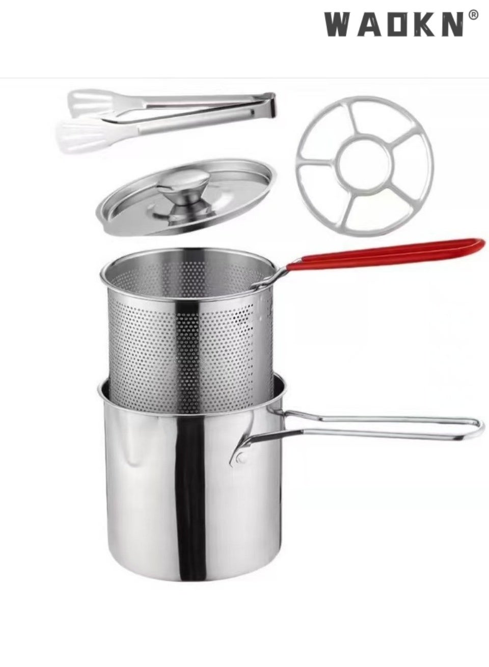 Compare 5 Pcs Set Deep Fryer Pot, 410 Stainless Steel Japanese Style Mini Frying Pan with Lid,Nonslip Pot Stand，Pot Lid， Oil Filter Mesh & Food Clip, NonStick Uniform Heating Cookware, OilSaving  AntiSplash Design, Compatible with Gas Induction Stove, MultiPurpose Pot for Home Kitchen & Camping at KSA Price