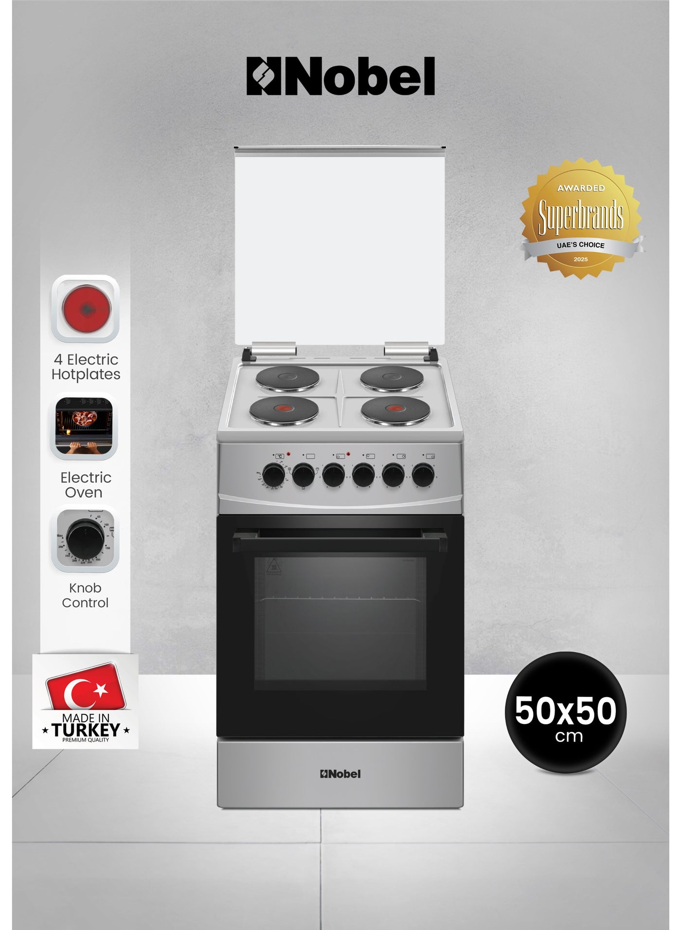 Compare 60cm Electric Cooking Range with 4 Hotplates & Oven 58L Capacity, Thermostatic Control, Double Glass Door, Inox Finish Made in Turkey – 1 Year Warranty NGC5400SI Silver at KSA Price
