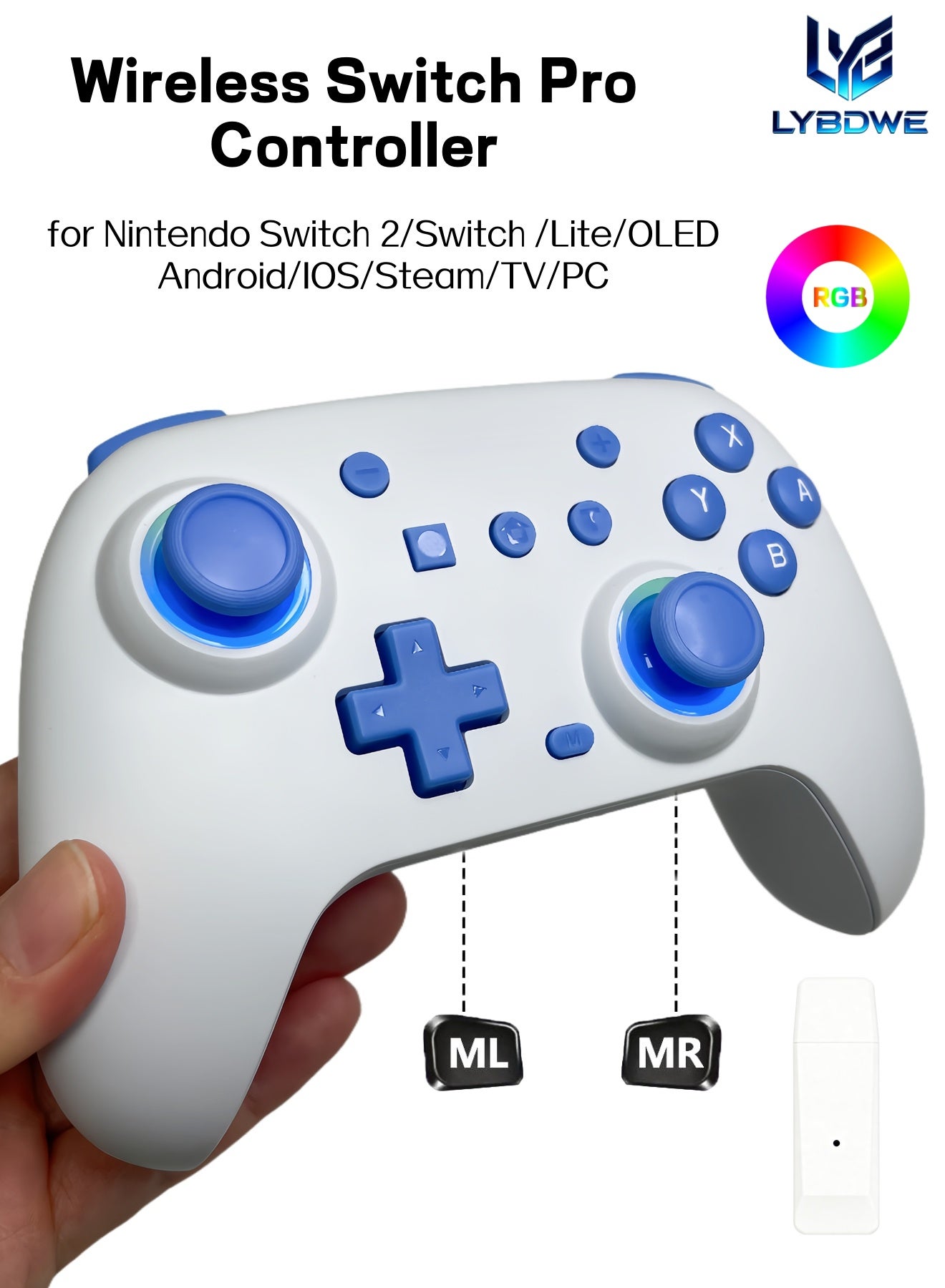 Compare LYBDWE RGB Switch Pro Game Controller for Nintendo Switch 2SwitchLiteOLEDPCiOSAndroid Controller with 2.4G Adapter, Wirless Gaming Gamepad with Hall Joysticks & Hall Triggers, Switch Controller with Wakeup, RGB Lighting, 2 Back Programmable Buttons, Turbo Function at KSA Price