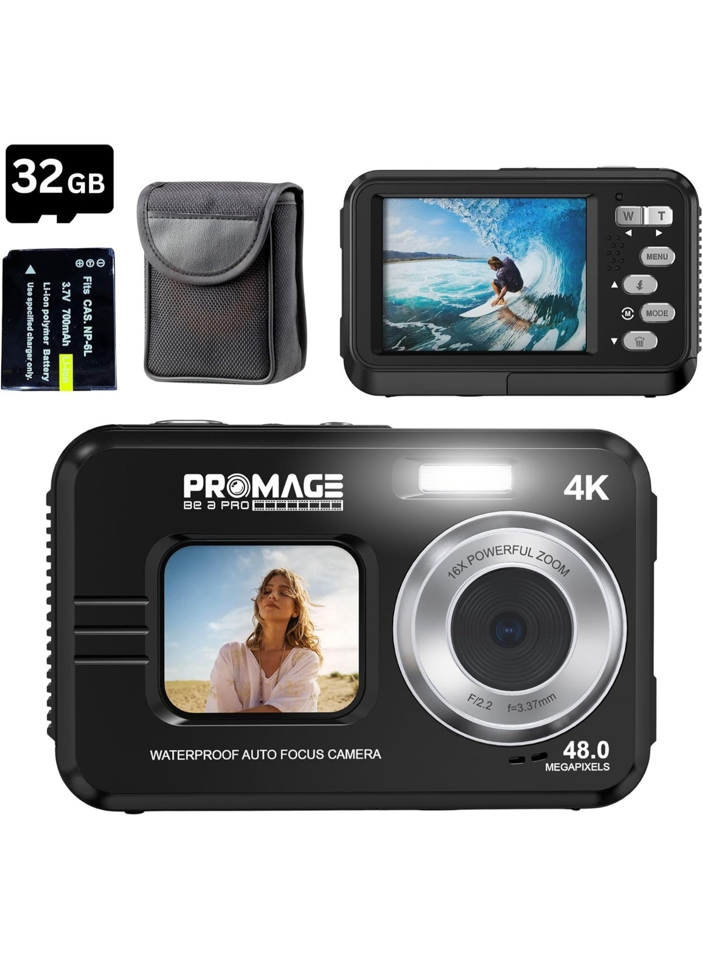 Compare PROMAGE PC150 Waterproof 4K Digital Camera Black  48MP UHD Dual Screen Vlogging Camcorder with Front & Rear IPS Displays, 16X Zoom, Auto Focus & Solibag Carry Case at KSA Price