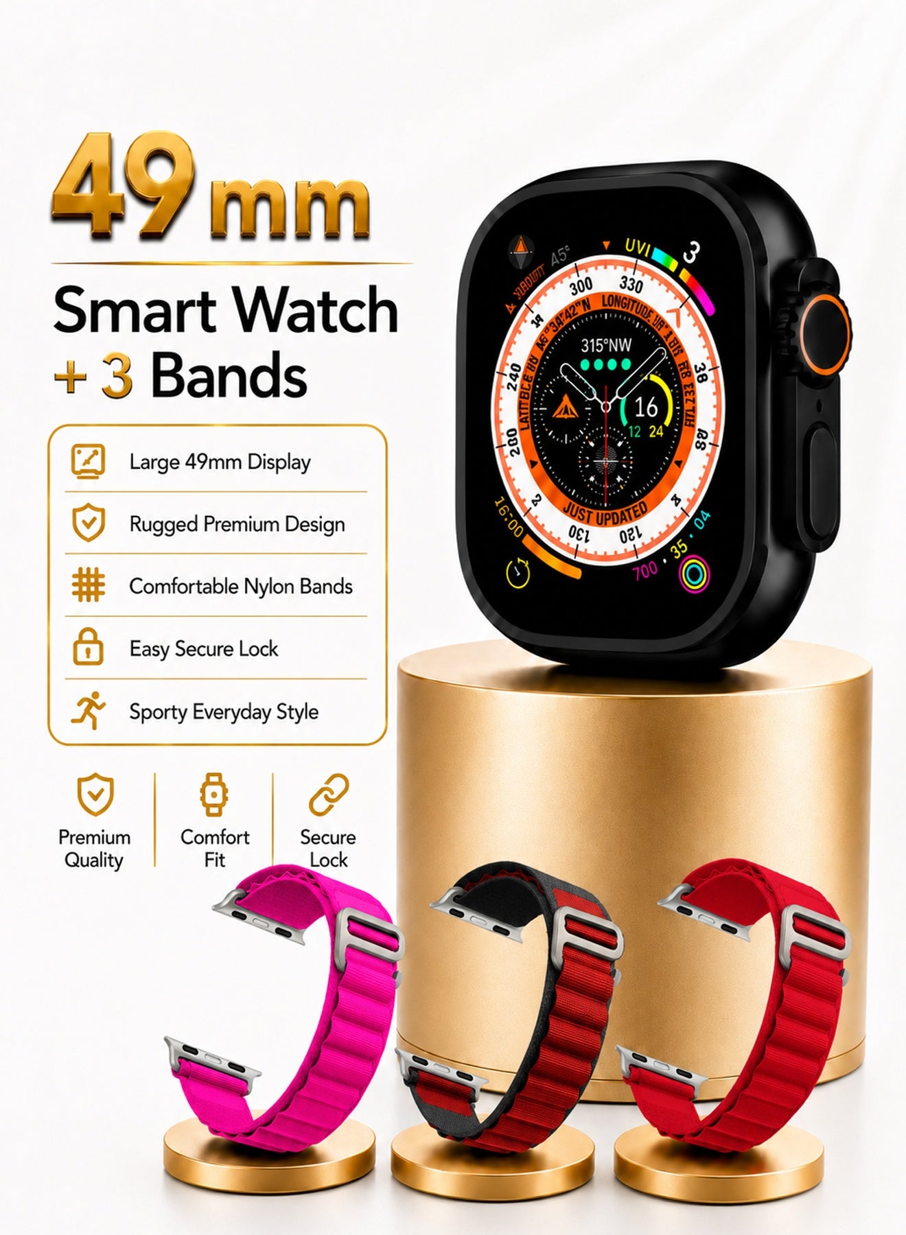 49mm Sports Smart Watch Set with 3 Interchangeable…