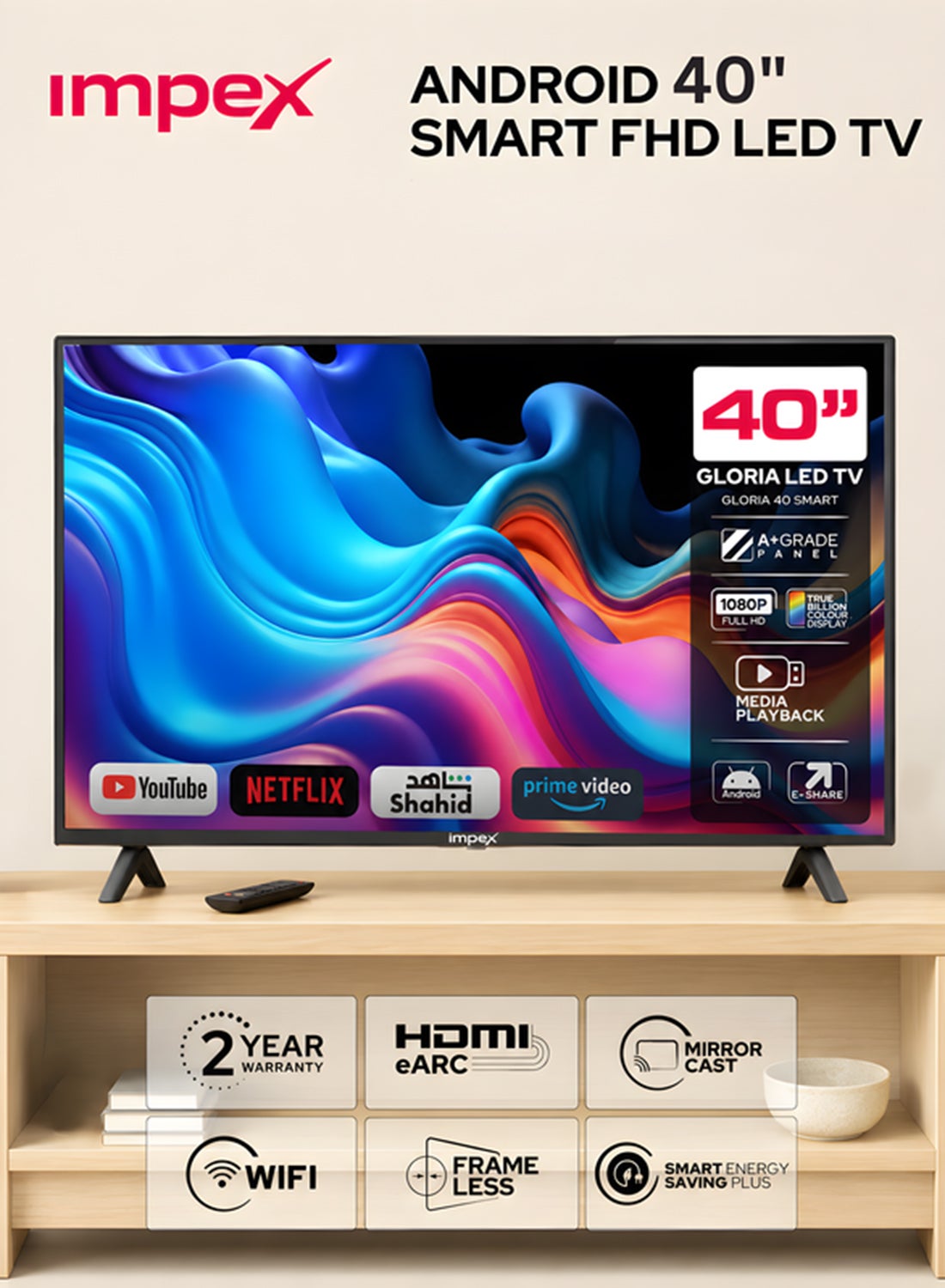 Compare 40 Inch Full HD Smart LED TV, Android TV with Quad Core Processor, Full HD 1920x1080 Resolution, A+ Grade Panel, WiFi, HDMI, USB, 176° View, EShare, Super Slim Design, Wall Mount  Gloria 40 Smart GLORIA 40 SMART Black at KSA Price