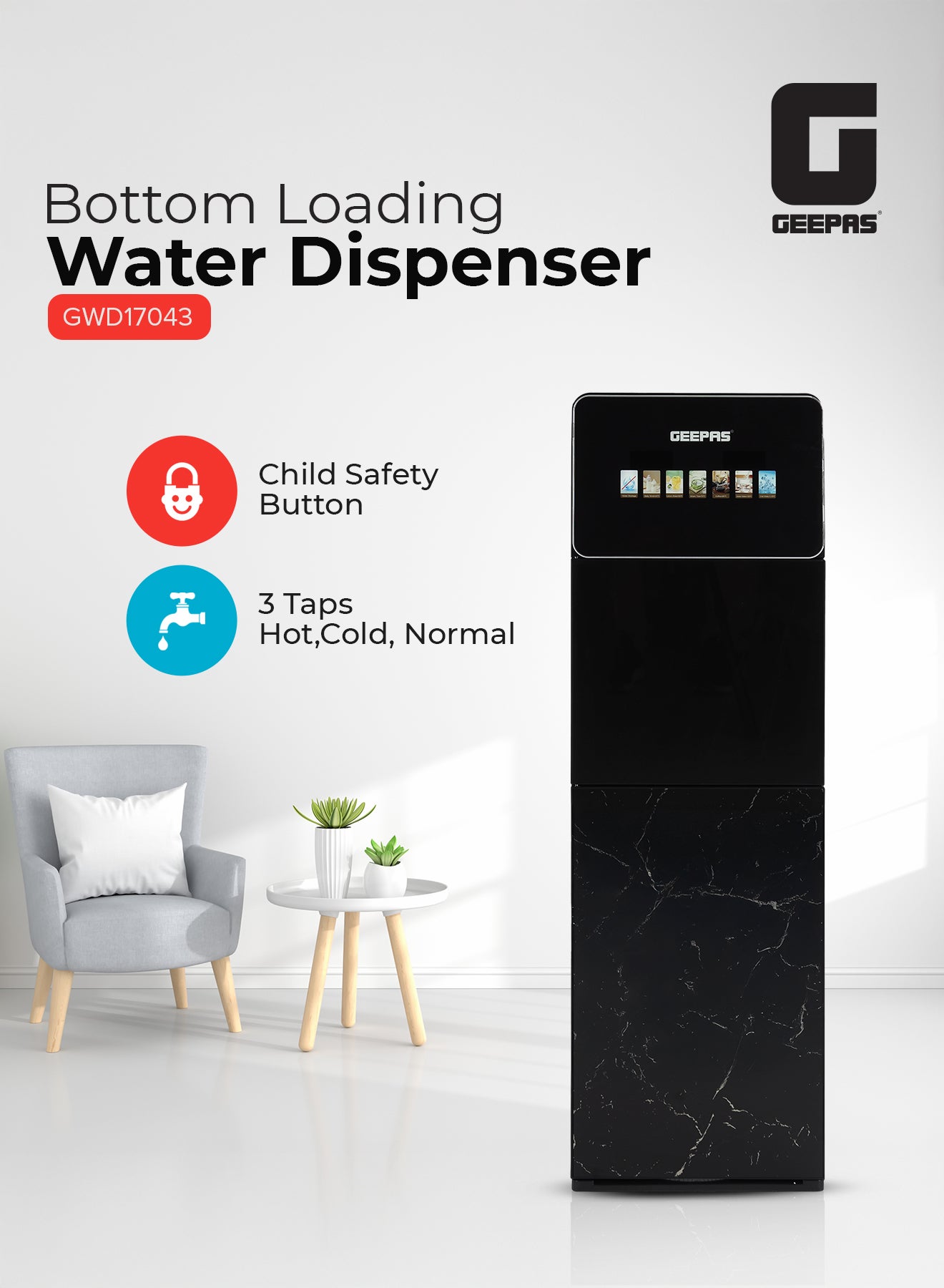 Compare Geepas Digital Bottom Loading Water Dispenser tainless Steel Tank, Touchscreen Display 6 Preset Temperatures, Hot and Cold Use, Luxury Design, Perfect for Home, School, Apartments, Office, etc. Black, 2 Year Warranty GWD17043 BLACK at KSA Price