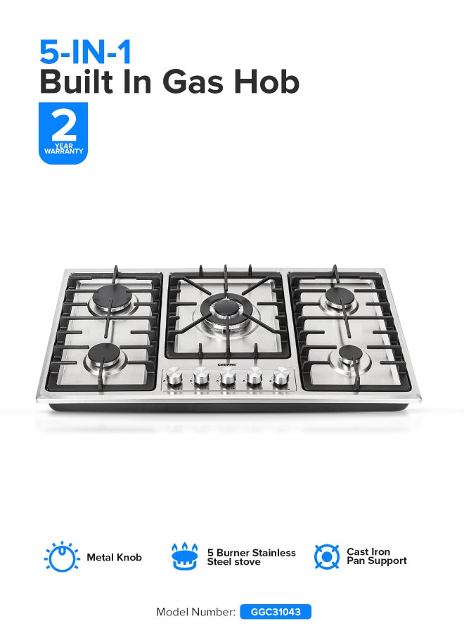 Compare 5In1 Built In Gas Hob| Five Burner Gas Stove with Separate Ignition, Low Gas Consumption and Improved Gas Flow for Efficient Heating| Auto Ignition System GGC31043 SilverBlack at KSA Price