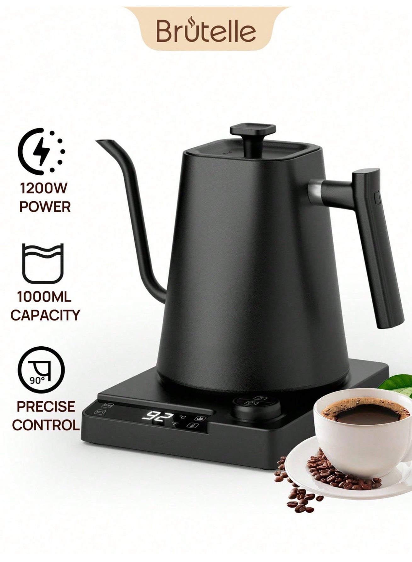 Compare Gooseneck Kettle V60 Coffee Kettle 1000ML 1200W Power Knob Temperature Adjustment with Digital Display Temperature Automatic Insulation Stainless Steel Material Suitable for Home and Office at KSA Price
