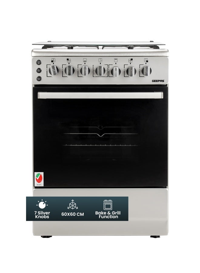 Compare 4 Gas Burners 60*60 Free Standing Full Gas Cooking Range With Glass Lid, 4 Gas Burners, Highquality Metal Knobs, Convection Single Oven With Rotisserie Function GCR6059 Silver at KSA Price